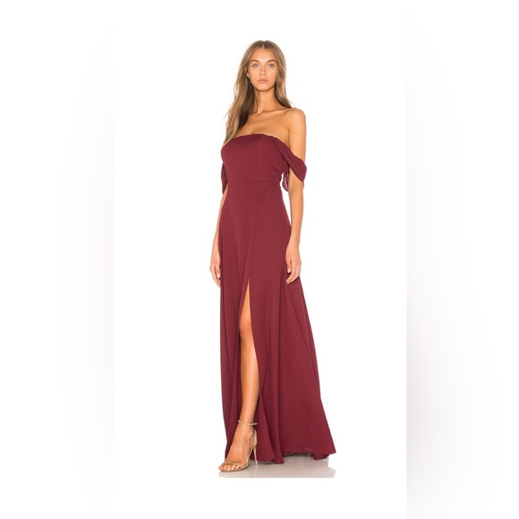 JOA Front Slit Off the Shoulder Maxi Dress In Maroon - Picture 1 of 9